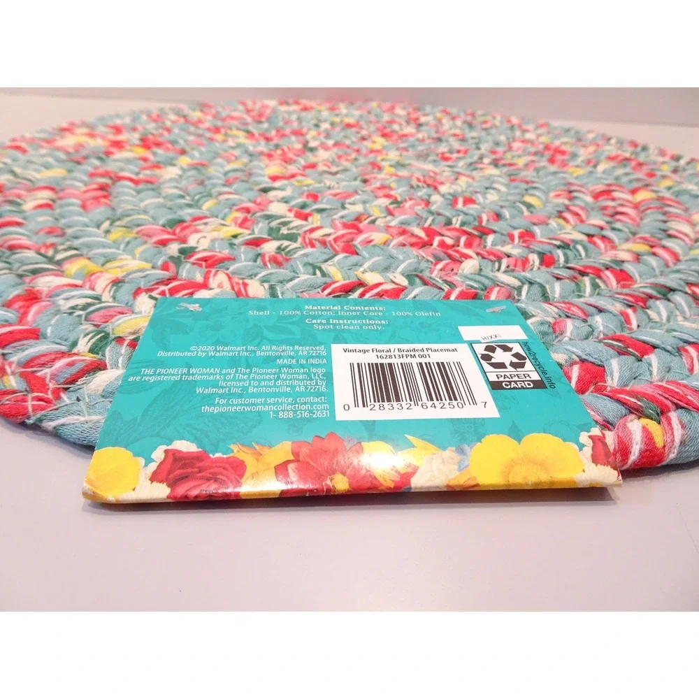 LOT 3 Pioneer Woman Vintage Floral Braided Placemat Round 15 Inch Teal Red